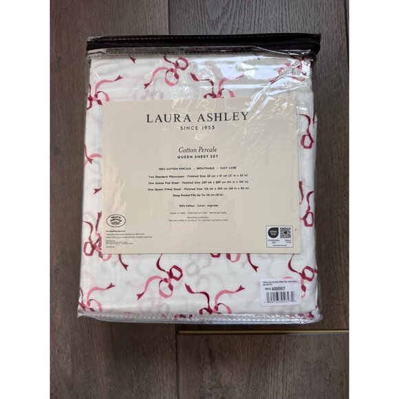 NWT Laura Ashley QUEEN Sheet Set TRAILING BOWS STRIPED HEM Red White Cotton - Picture 7 of 7